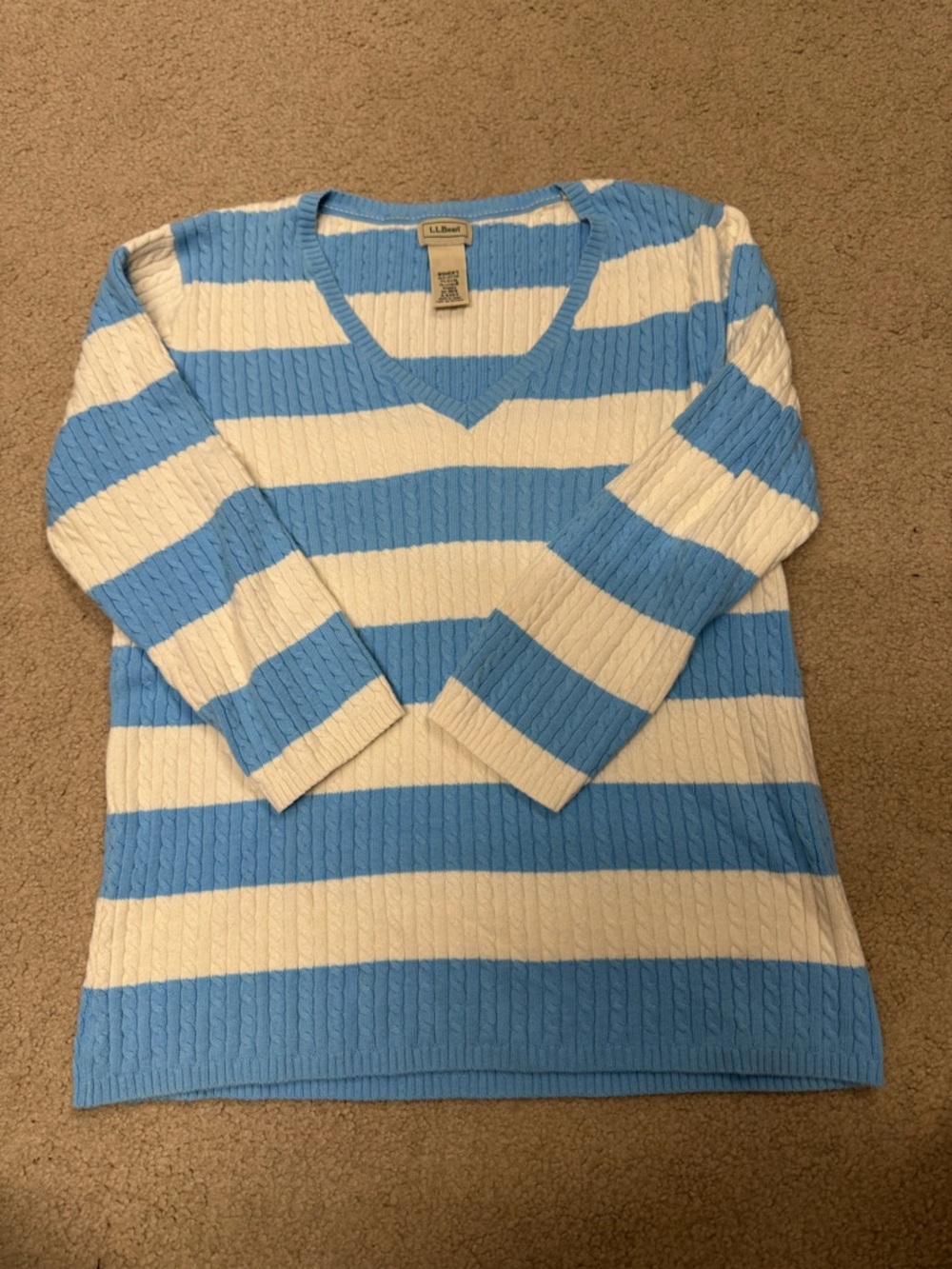 L.L. Bean Blue and White Striped V-Neck Cable Knit Sweater